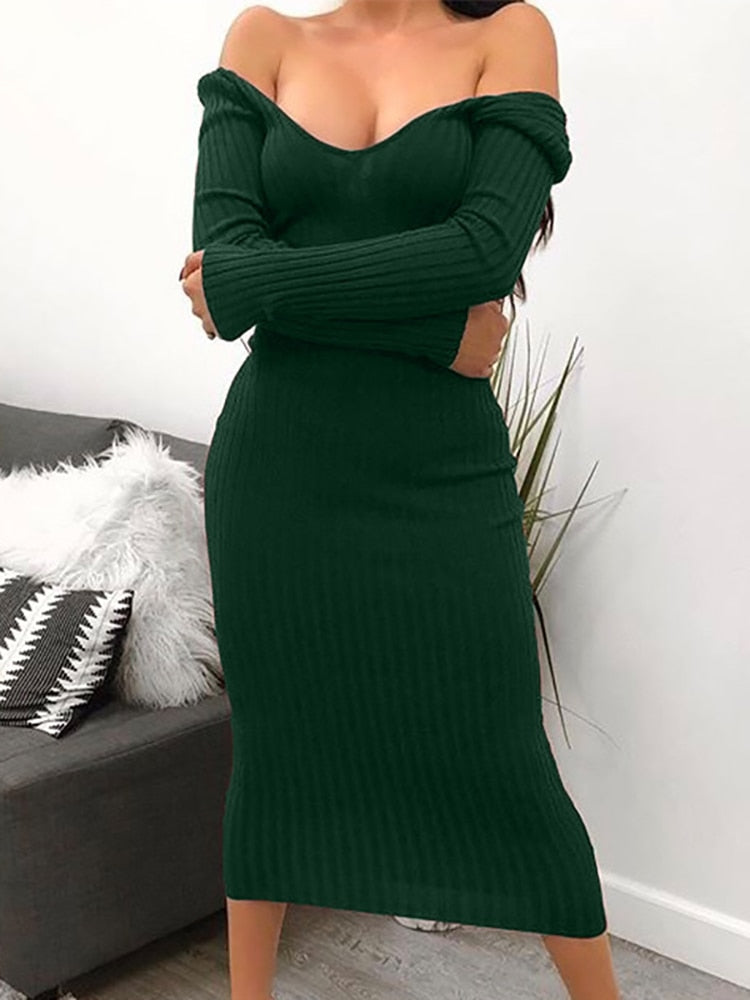 Ribbed V-neck long sleeve midi dress product view 6