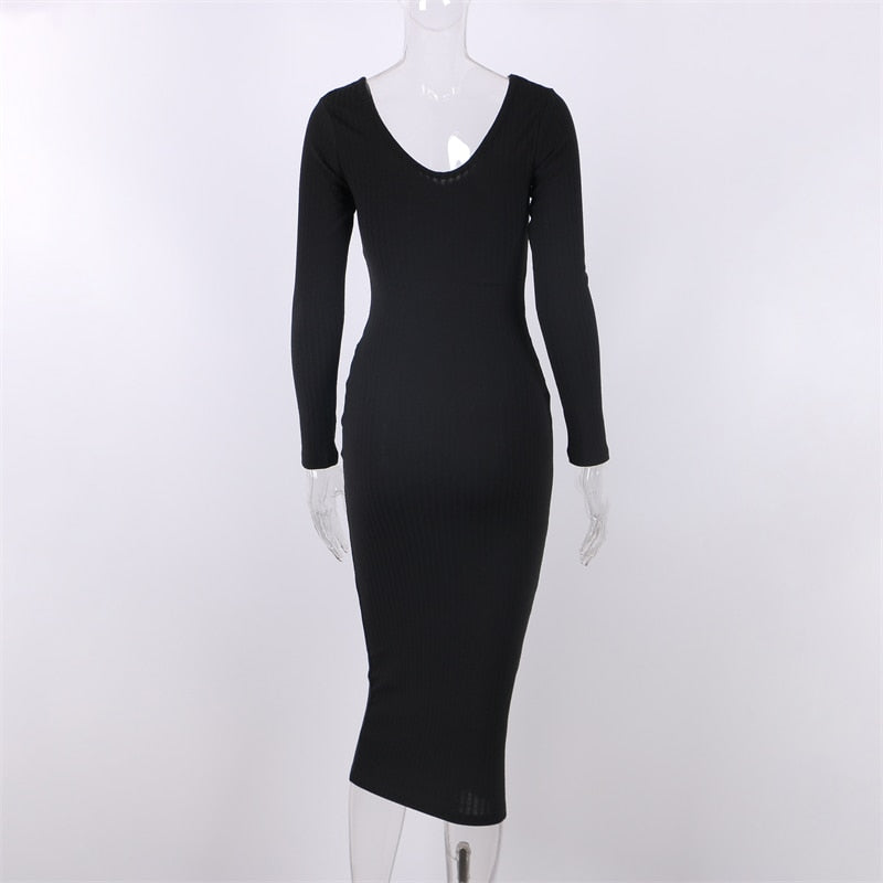 Ribbed V-neck long sleeve midi dress product view 18