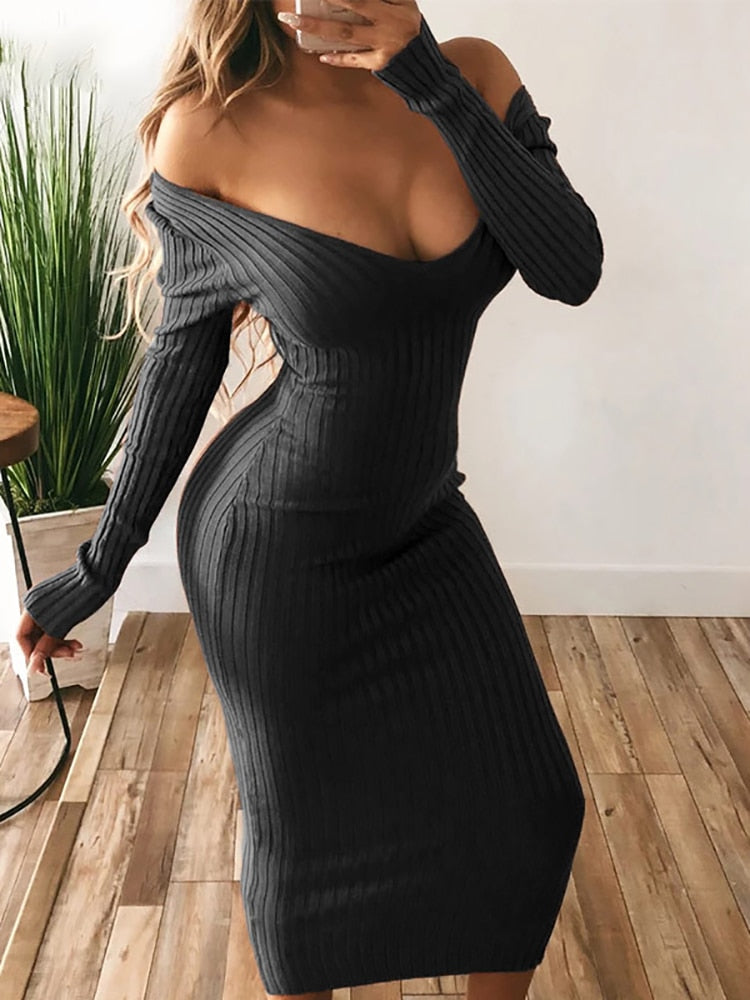 Ribbed V-neck long sleeve midi dress product view 1