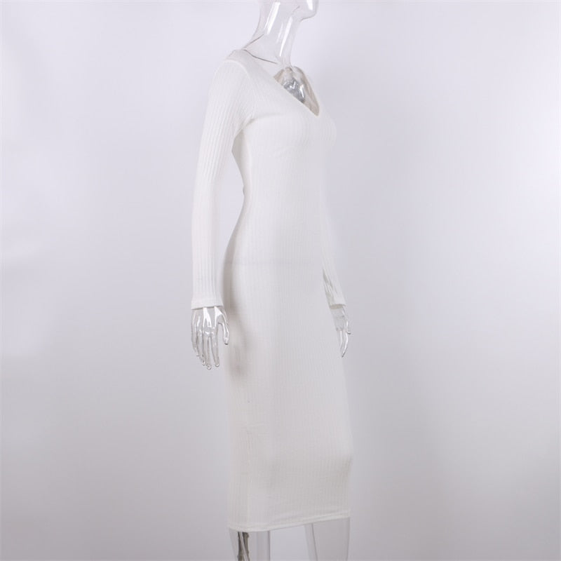 Ribbed V-neck long sleeve midi dress product view 10
