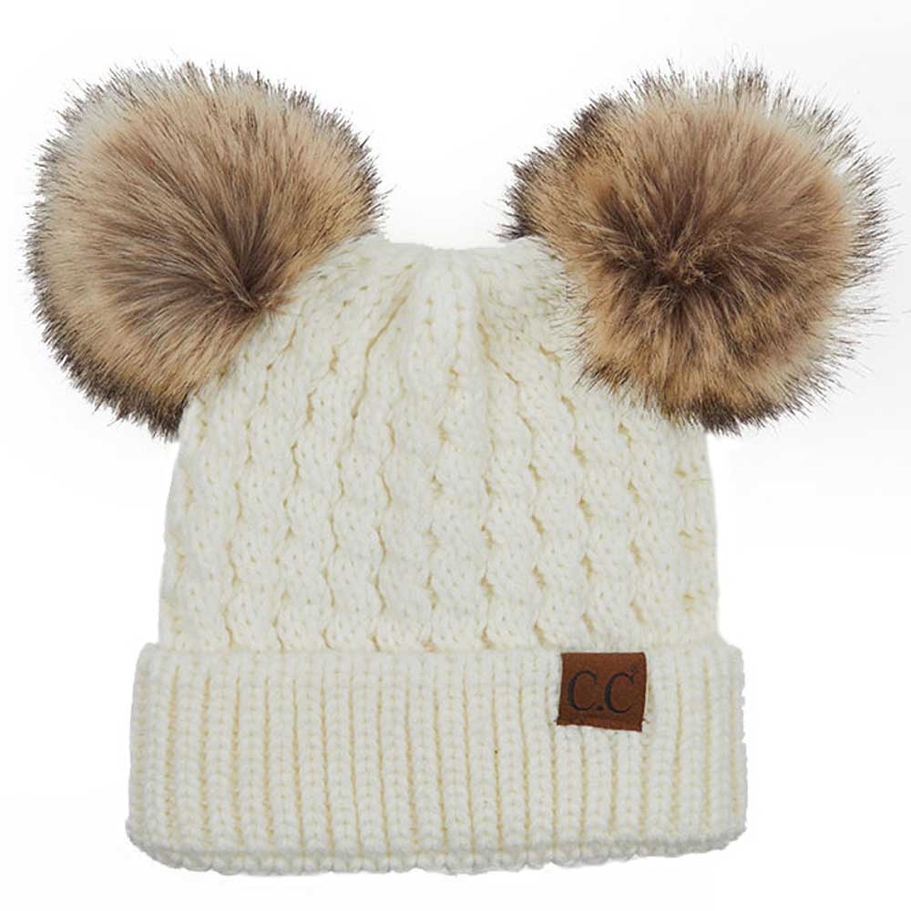 C.C Double Pom Cable Knit Beanie in Ivory