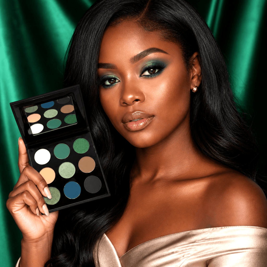 Model wearing a jewel-toned eye look created with the JADED eyeshadow palette