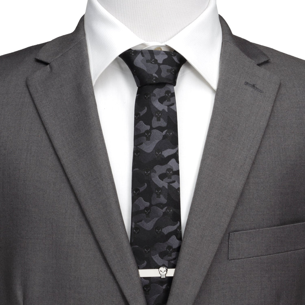 Black silk Punisher tie with tonal camouflage pattern