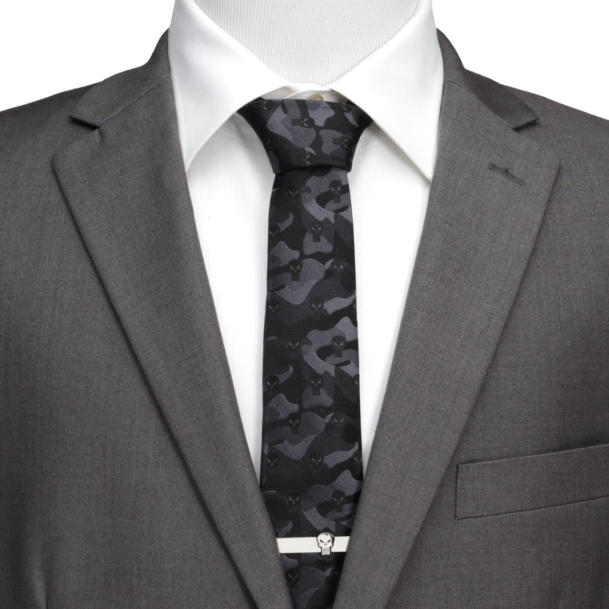 Black silk Punisher tie with tonal camouflage pattern