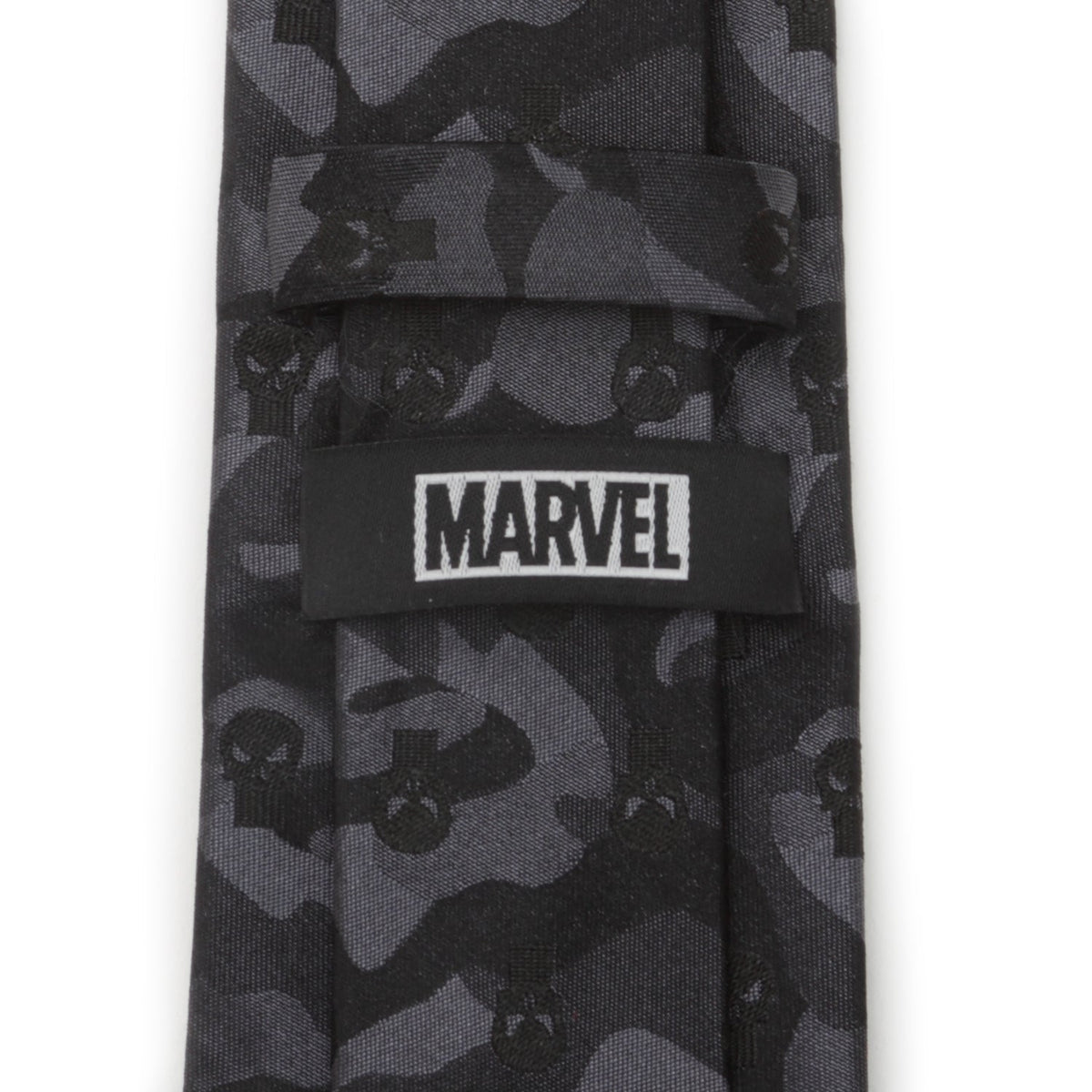 Punisher icon camo black silk necktie detail view