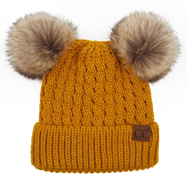 C.C Double Pom Cable Knit Beanie in Mustard