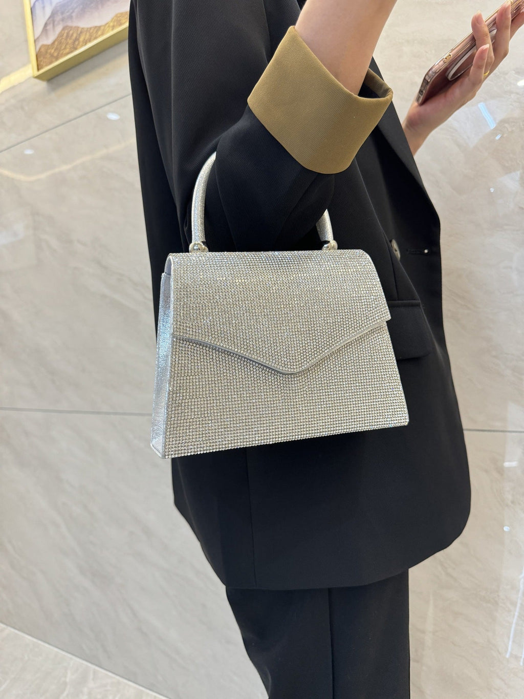 Rhinestone evening clutch bag with top handle