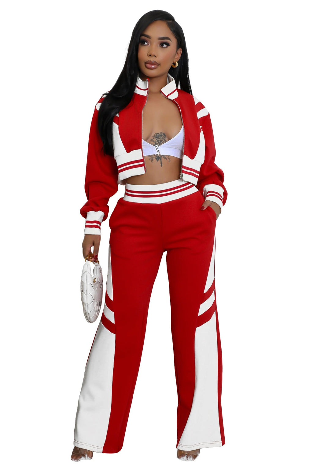 Red and white colorblock cropped jacket and wide-leg pant set front view