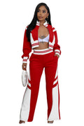 Red and white colorblock cropped jacket and wide-leg pant set front view