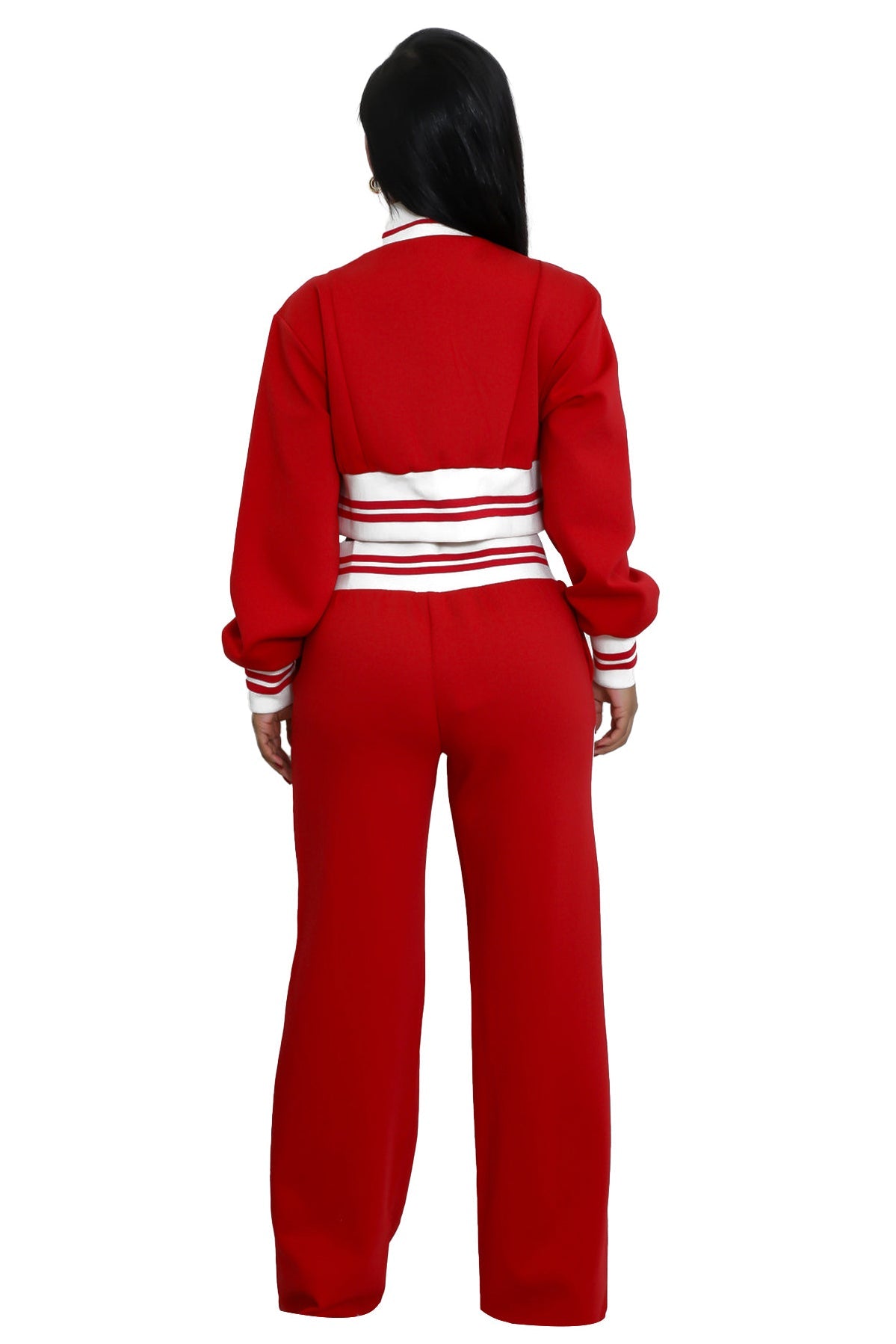 Red and white two-piece wide-leg pant set alternate view