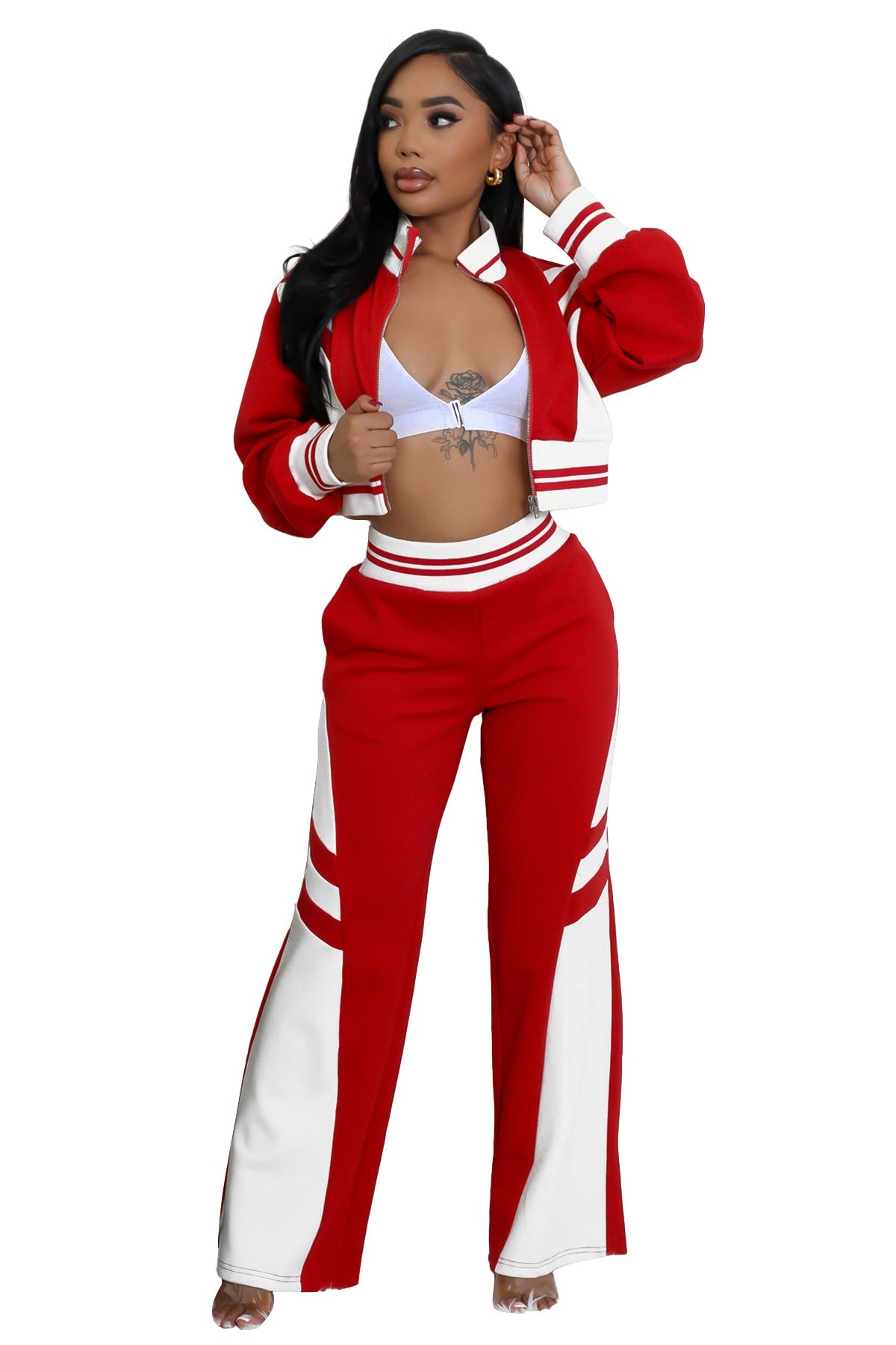 Red colorblock two-piece pant set styled with cropped zip-front jacket