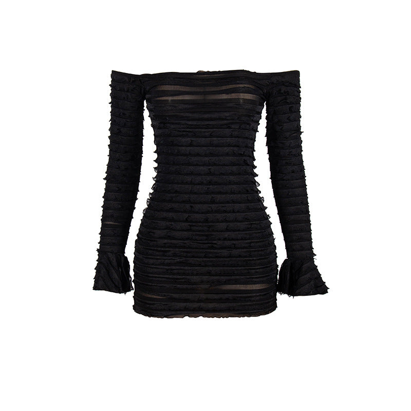 Black ruched off-shoulder mesh mini dress with long sleeves and flared cuffs