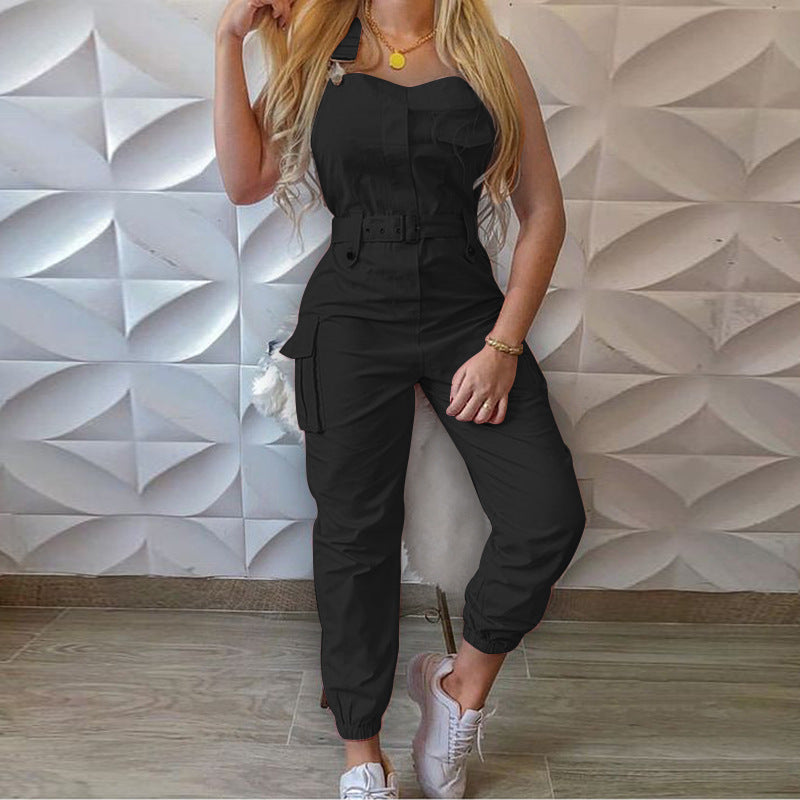 Utility belted sleeveless jumpsuit silhouette view