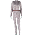 Geometric Print Long Sleeve Jumpsuit in Coffee - full-length view