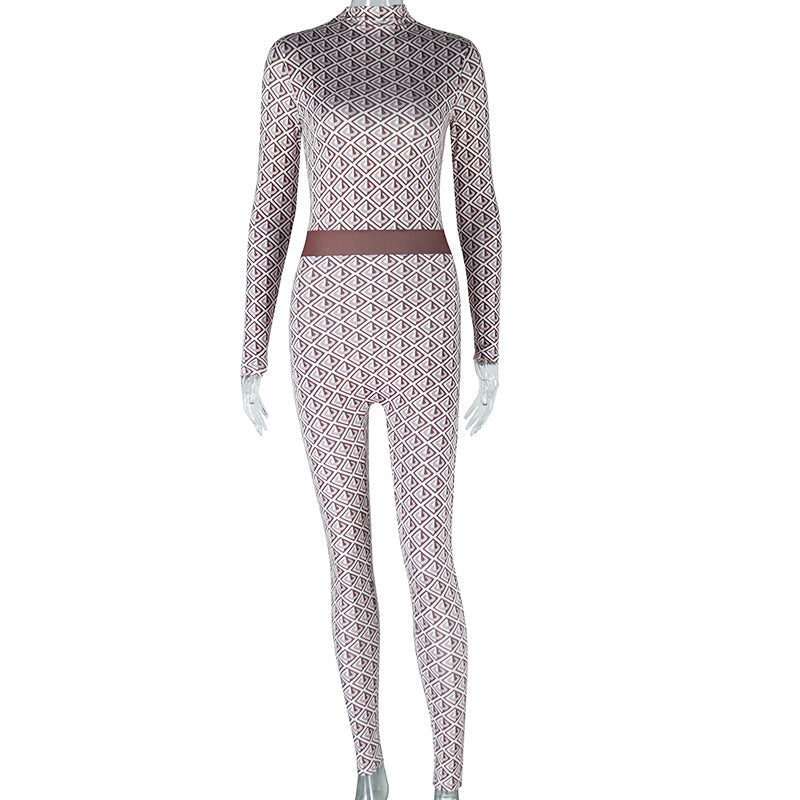 Geometric Print Long Sleeve Jumpsuit in Coffee - full-length view