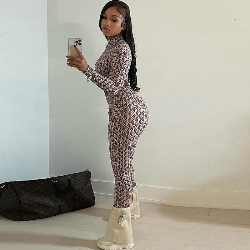 Geometric Print Long Sleeve Jumpsuit in Coffee - side view