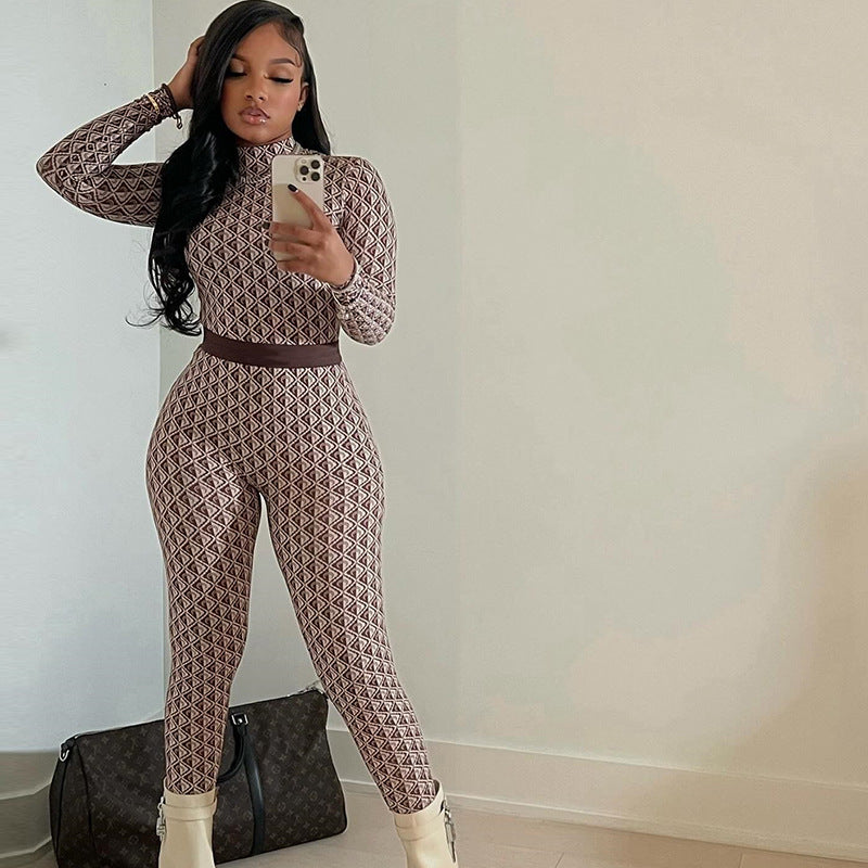 Geometric Print Long Sleeve Jumpsuit in Coffee - front view
