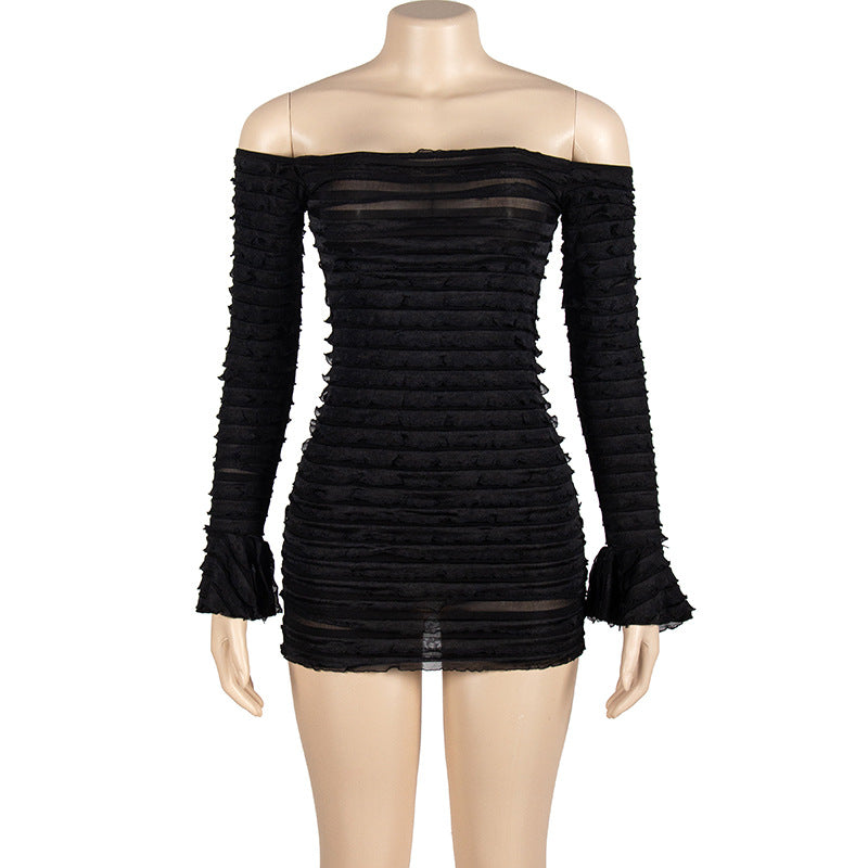 Front view of black ruched off-shoulder mesh mini dress on mannequin