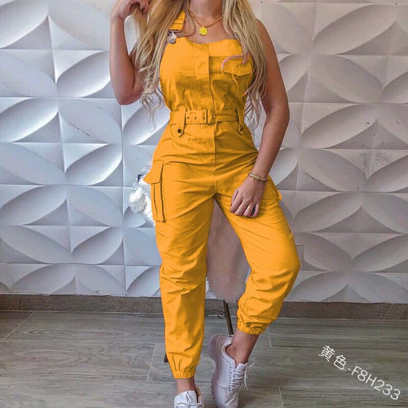 Utility belted sleeveless jumpsuit utility-detail view