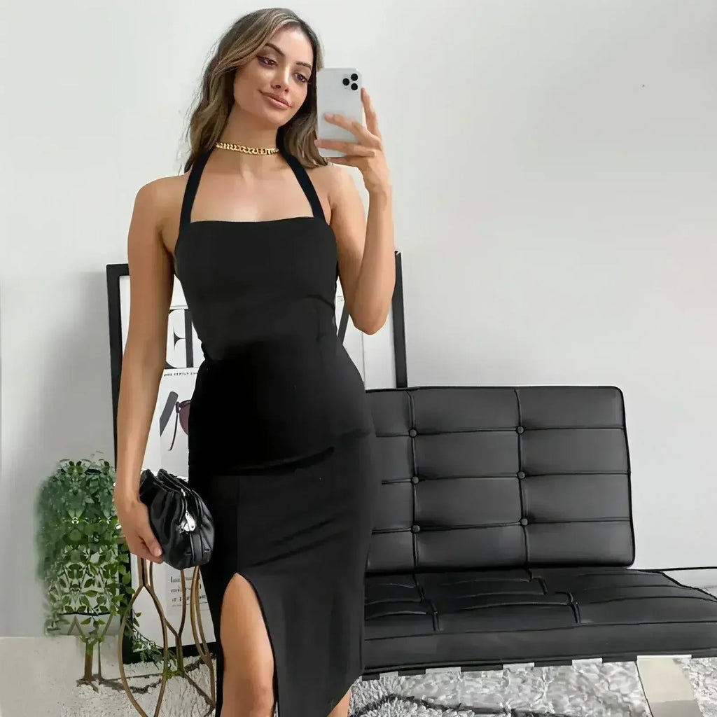 Women's black elegant backless halter dress — product image 1 of 6