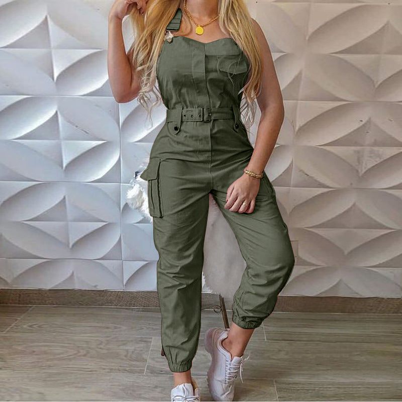 Utility belted sleeveless jumpsuit front detail view