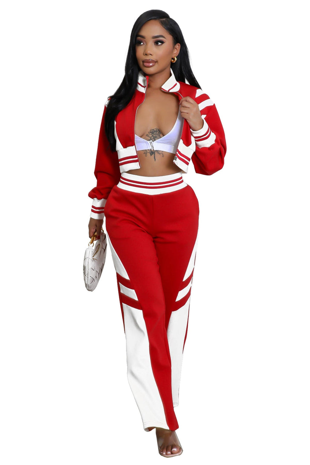 Red and white cropped jacket and wide-leg pant set detail view