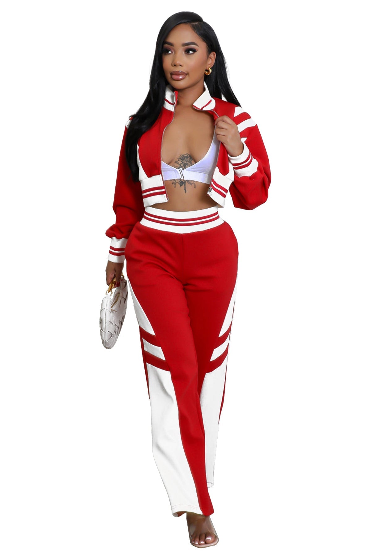 Red and white cropped jacket and wide-leg pant set detail view