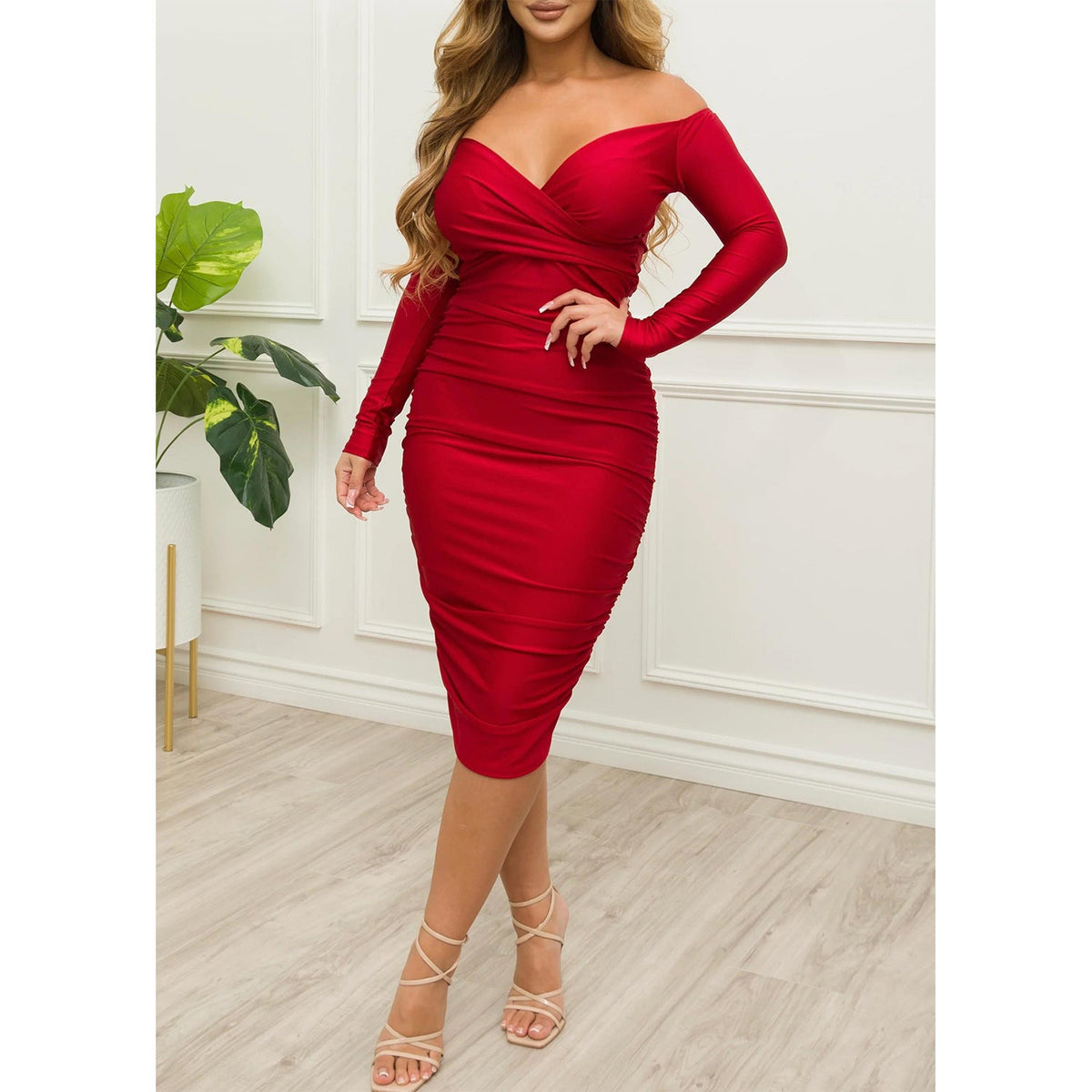 Off-Shoulder Ruffle Bodycon Midi Dress product view