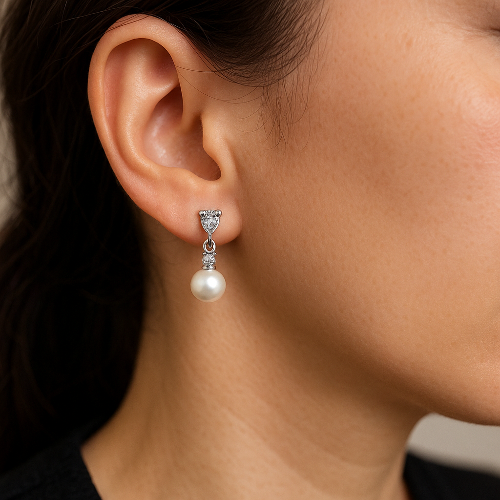Pearl drop earring with cubic zirconia detail