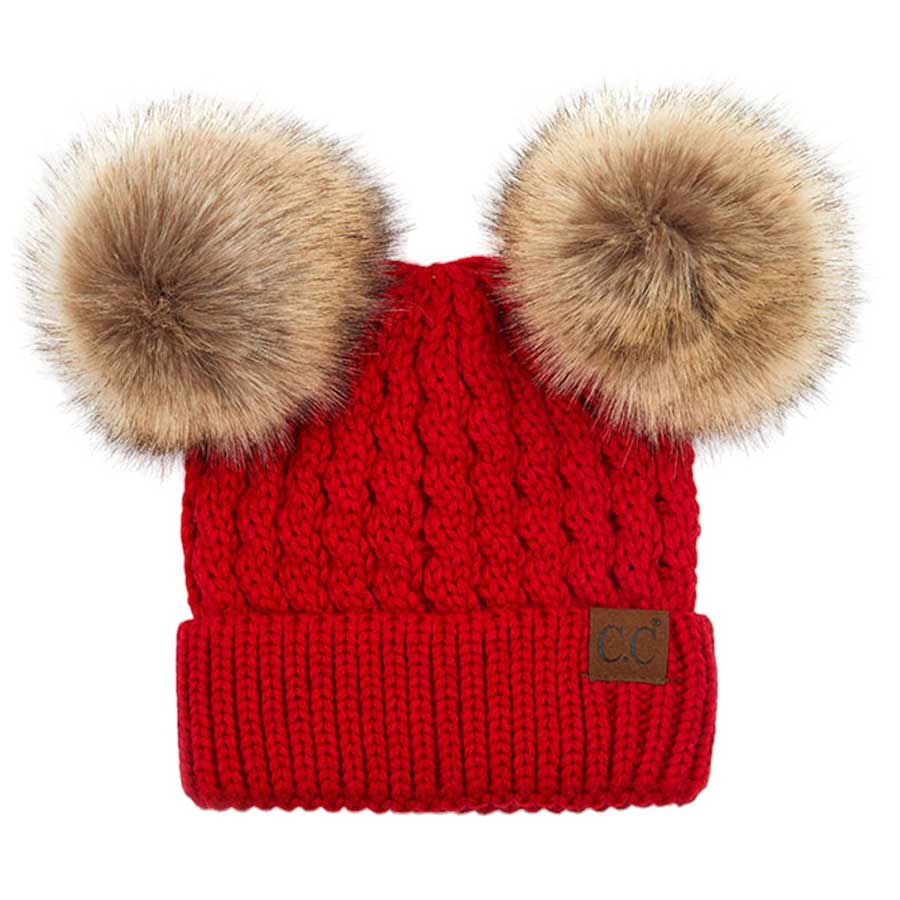 C.C Double Pom Cable Knit Beanie in Red