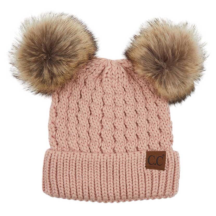 C.C Double Pom Cable Knit Beanie in Rose
