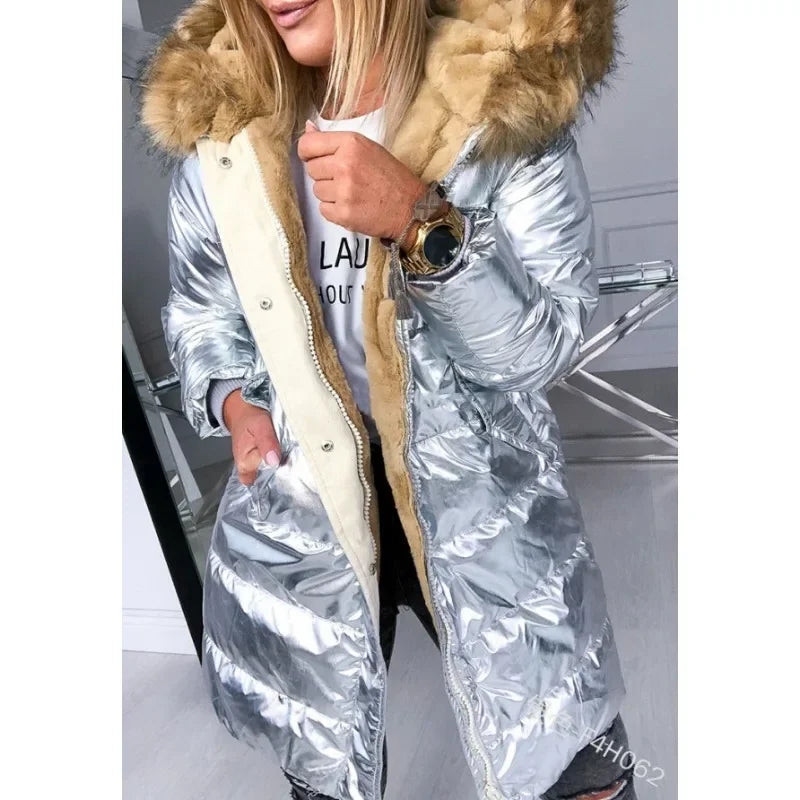 Women's long puffer jacket with faux-fur collar - product detail