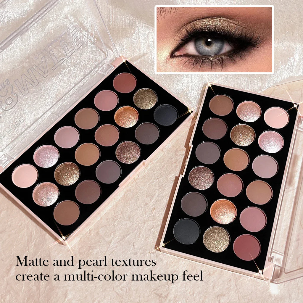 Silcy Skin eyeshadow palette with matte shimmer glitter and pearlescent finishes