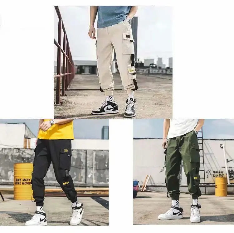 Black cargo joggers for men, streetwear detail view
