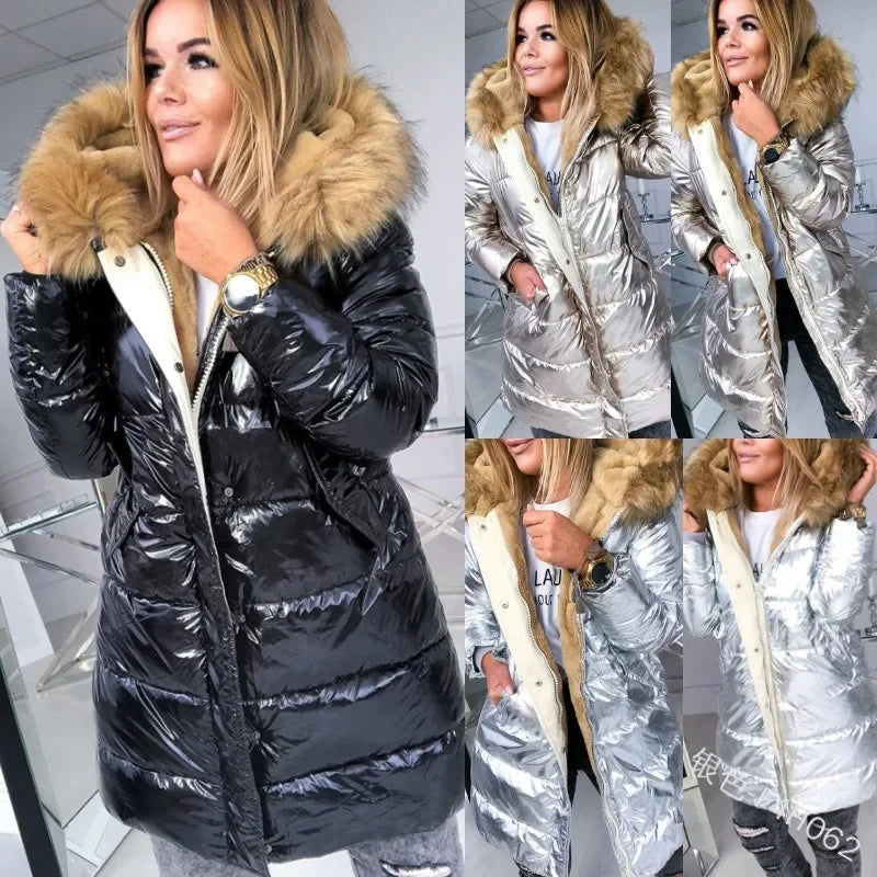 Faux Fur Collar Long Puffer Jacket - front product view
