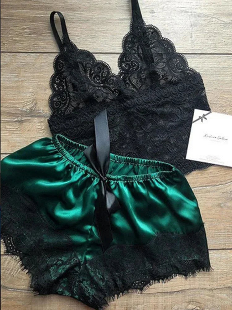 Lace-trim crop top and shorts pajama set product view