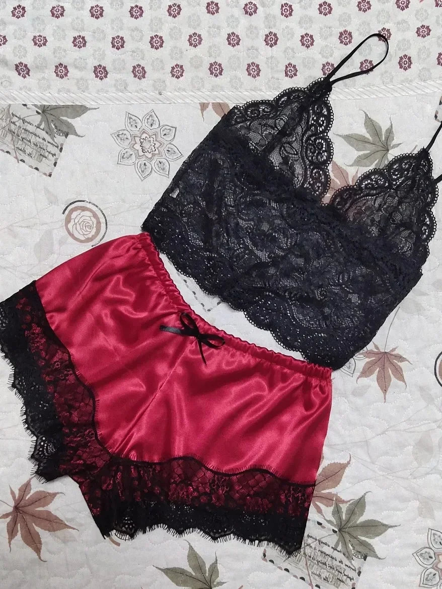 Lace-trim pajama crop top and matching shorts detail