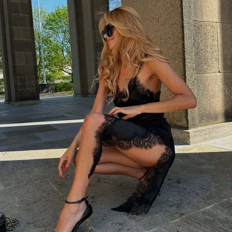 Satin Lace Slip Mini Dress in black with lace trim
