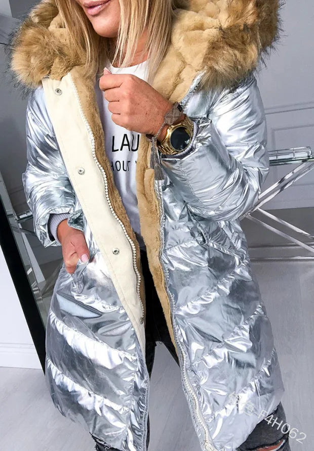 Faux Fur Collar Long Puffer Jacket - silhouette detail