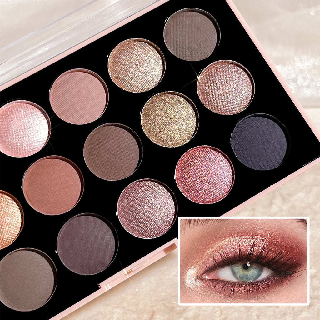 Open 18-color eyeshadow palette showing matte and shimmer shades