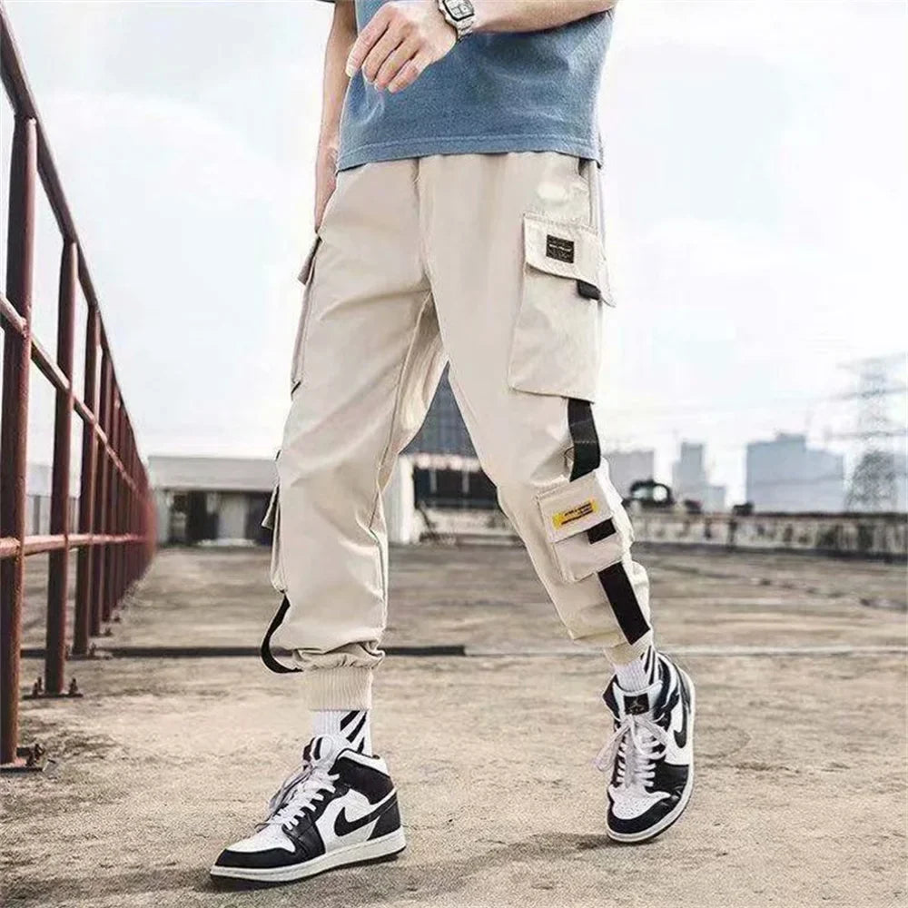 Black men’s cargo joggers with utility-pocket styling