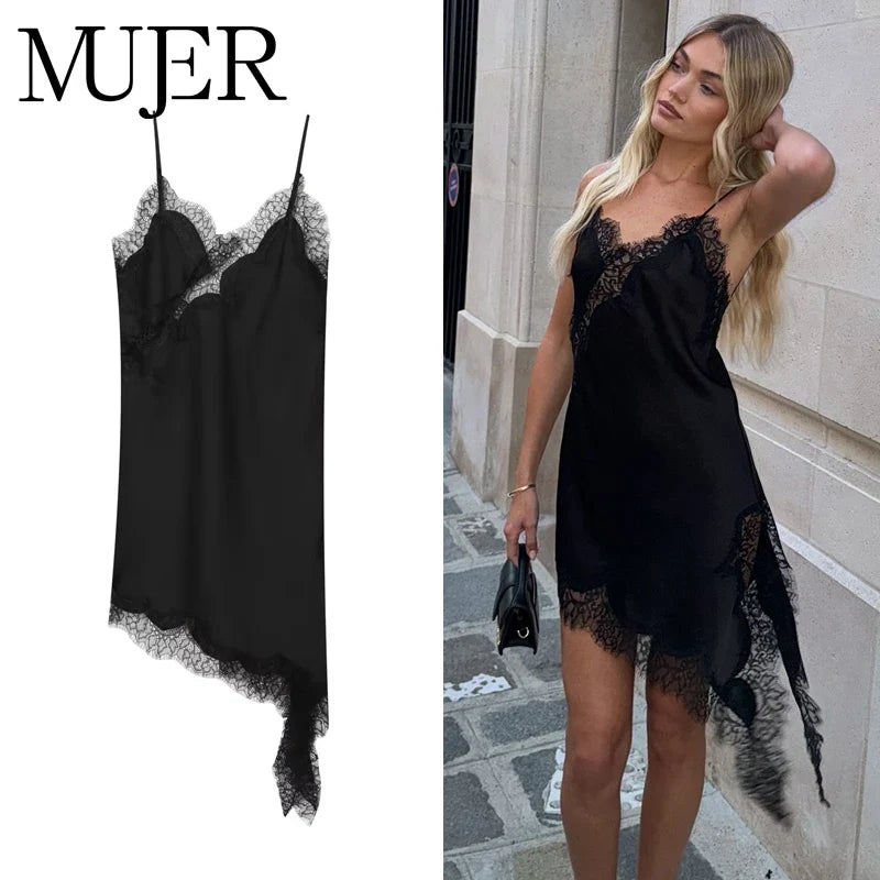 Black Satin Lace Slip Mini Dress styled on model