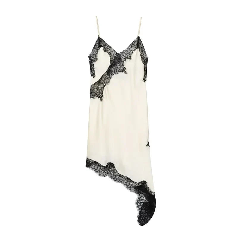 Satin Lace Slip Mini Dress lace trim detail
