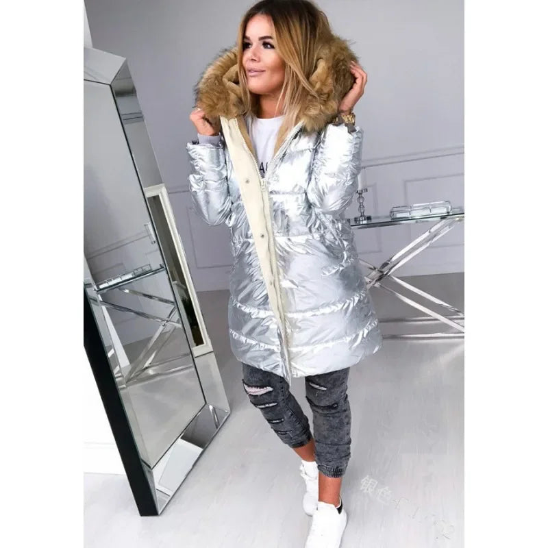 Faux Fur Collar Long Puffer Jacket - full-length view