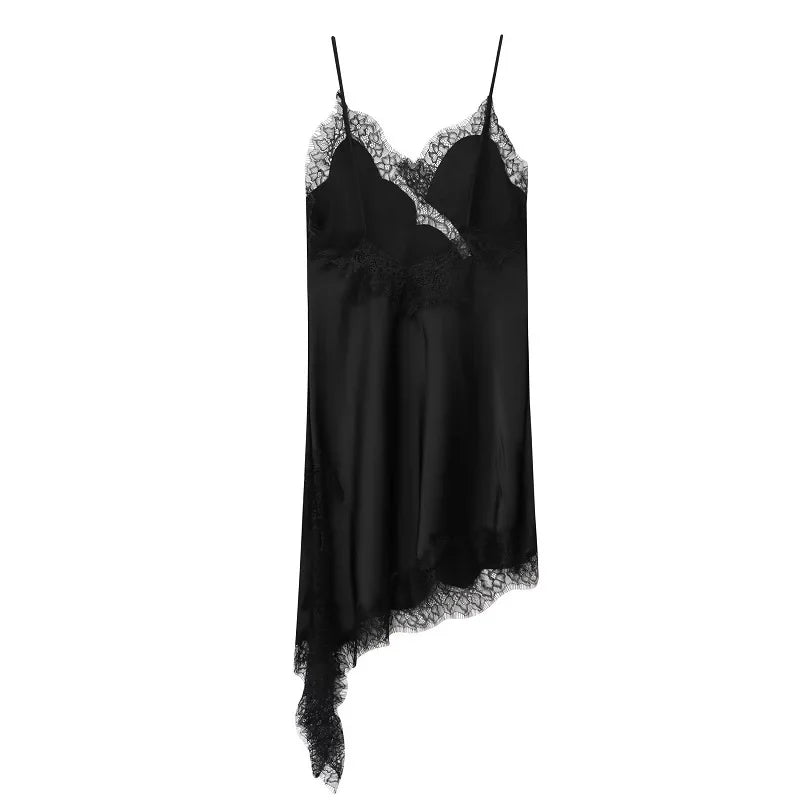 Black Satin Lace Slip Mini Dress front product view