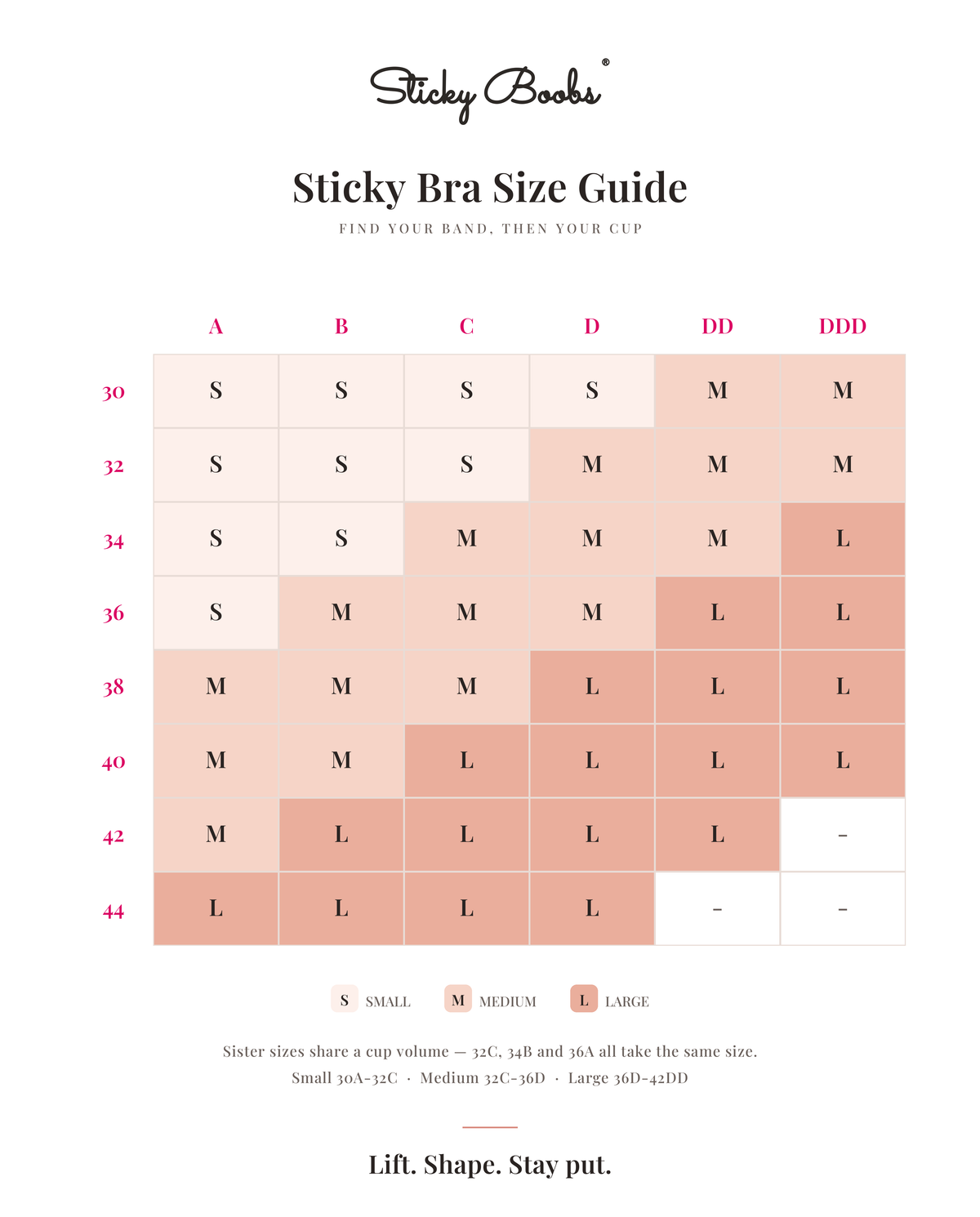 Sticky Boobs adhesive push-up strapless bra, manufacturer size guide