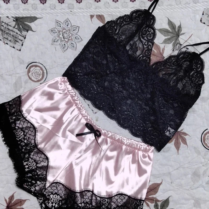 Lace-trim crop top and shorts pajama set alternate view