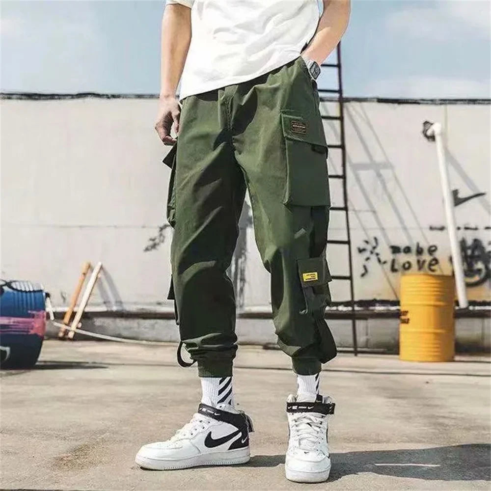 Men’s black cargo joggers with drawstring waist