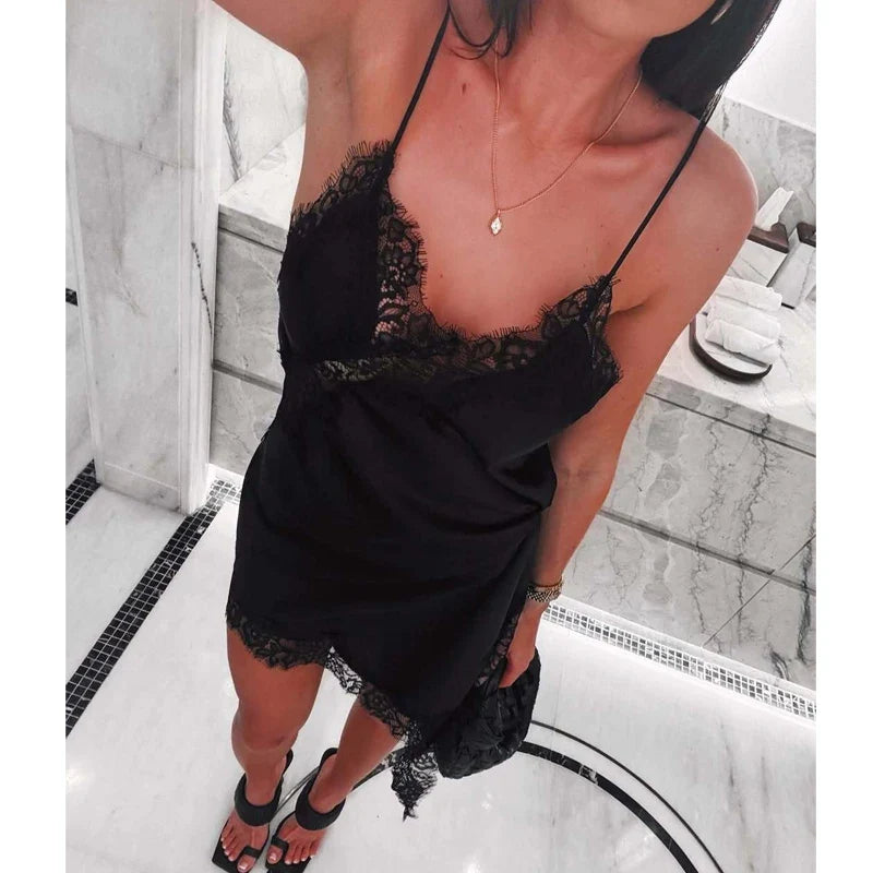 Satin Lace Slip Mini Dress styling detail