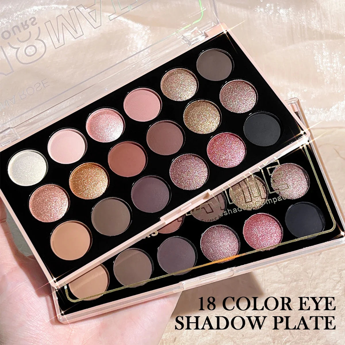 18-color eyeshadow palette in earth-inspired neutral and accent tones
